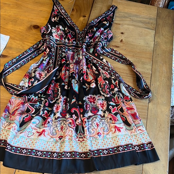 ECI Dresses & Skirts - ECI Black Floral Border Print V-Neck Silk Dress